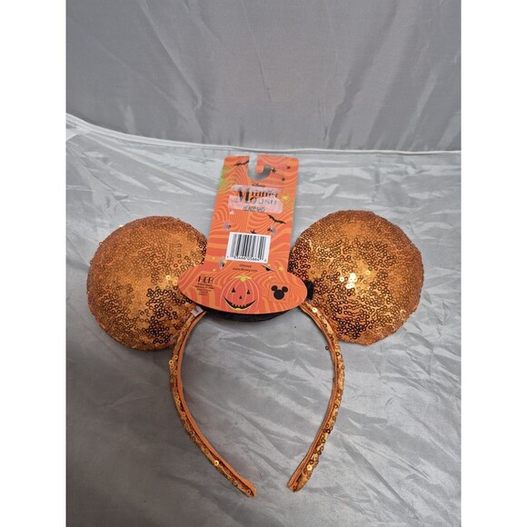 New Disney Minnie Mouse Ears Halloween Black Witch Hat Orange Sequin Headband - Picture 2 of 3